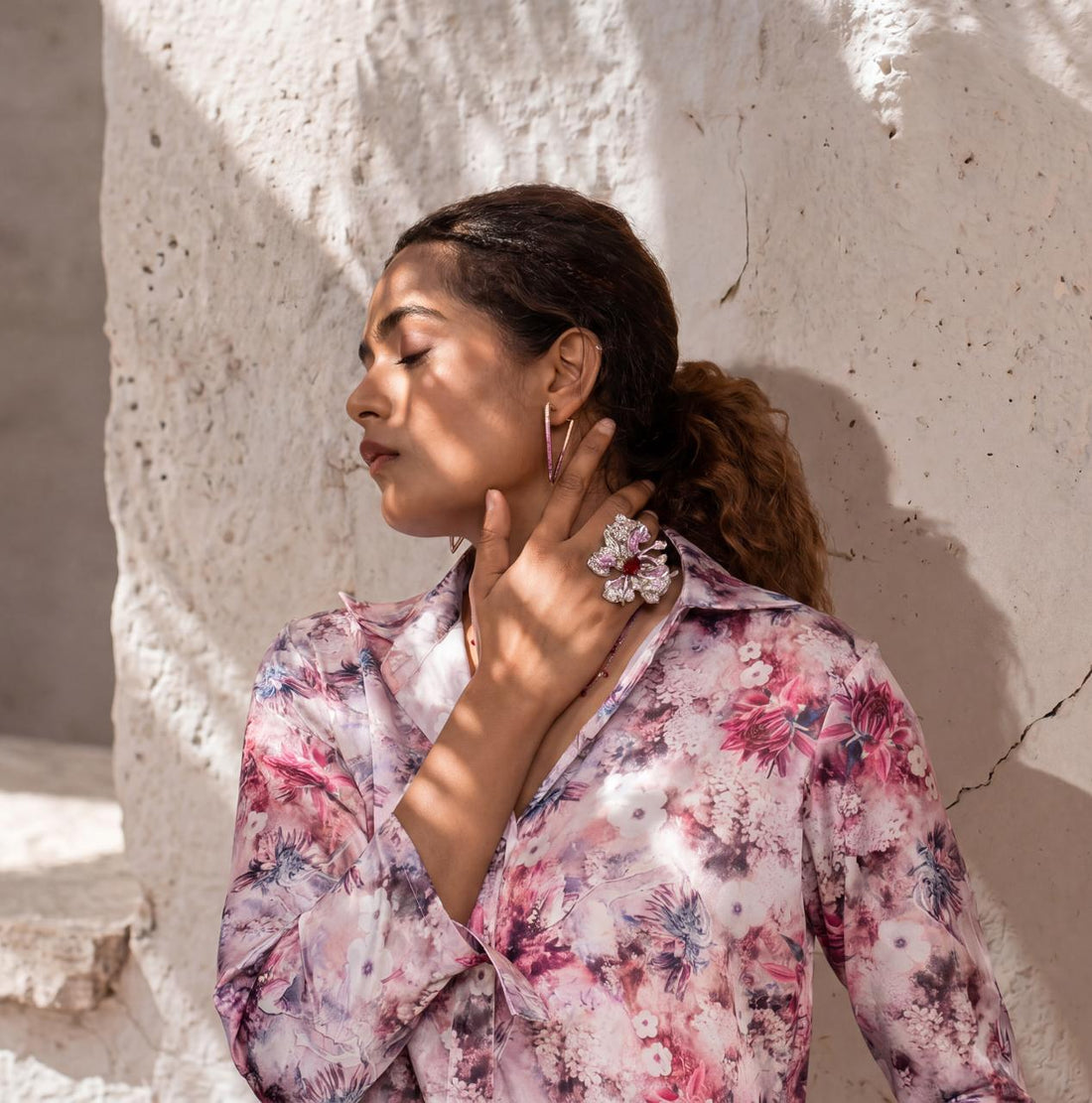 Pink Floral Printed Satin Shirt for Women